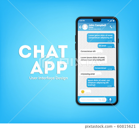 UI UX Phone chat blue interface. Text message mobile phone. Text messaging bubles in mobile application on a smartphone, vector 60815621