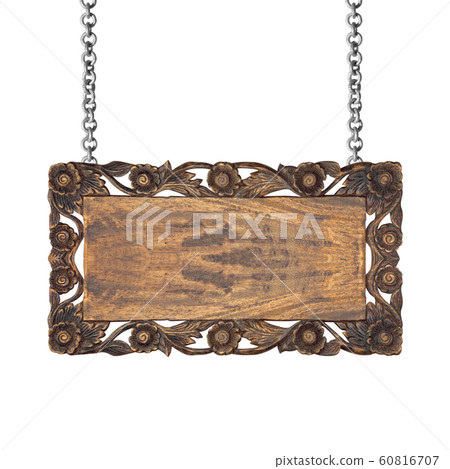 Wooden sign hanging on a chain isolated on white 60816707