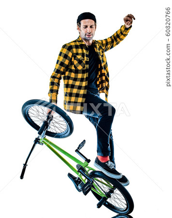 BMX rider cyclist cycling freestyle acrobatic stunt isolated white background BMX rider cyclist cycling freestyle acrobatic stunt isolated white background 60820766