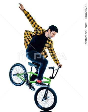 BMX rider cyclist cycling freestyle acrobatic stunt isolated white background BMX rider cyclist cycling freestyle acrobatic stunt isolated white background 60820768