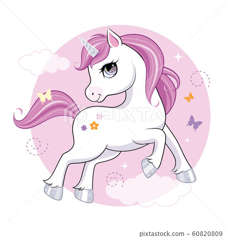 Cute little unicorn character over pink round background. Vector. 60820809
