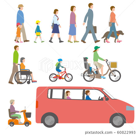  從側面看的人，自行車和汽車的插圖 60822993