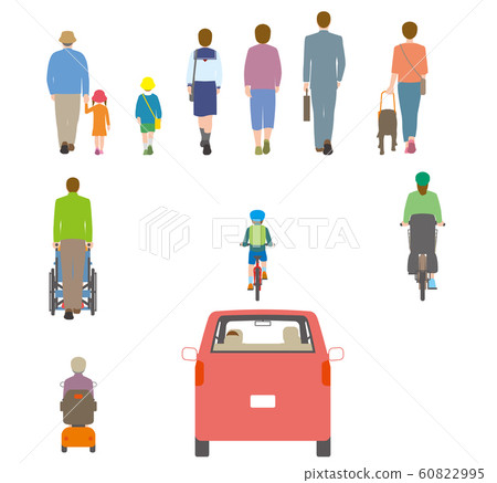  Illustration of people, bicycle and car viewed from behind 60822995