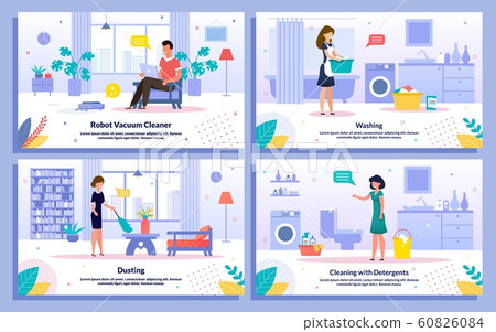 Housekeeping Activities Flat Vector Banners Set Housekeeping Activities Flat Vector Banners Set 60826084
