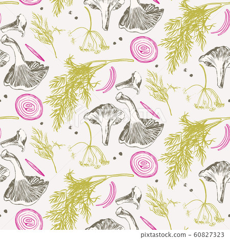 Pickled mushrooms set with dill and onion 60827323