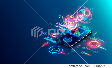 User two-factor authentication technology via mobile phone. Identification human in mobile bank for internet payments or access confidential information. Fintech isometric concept. Digital safety. 60827435