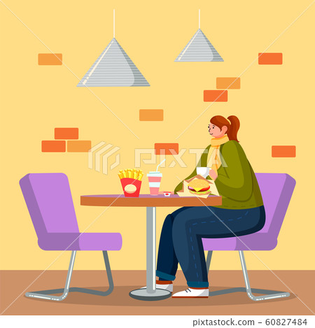 Woman Eating Burger in Fastfood Restaurant Vector Woman Eating Burger in Fastfood Restaurant Vector 60827484