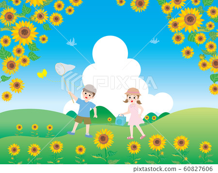 一幅描繪夏日田野景象的插圖，孩子們在向日葵田中玩耍。 60827606