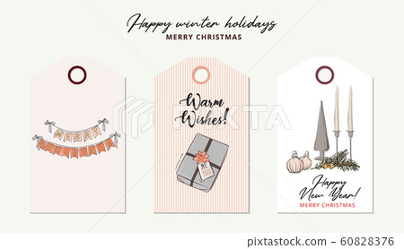 Merry Christmas tender rose gold hand-drawn geometric garland , baubles with bow, gift sketch in Merry Christmas tender rose gold hand-drawn geometric garland , baubles with bow, gift sketch in 60828376