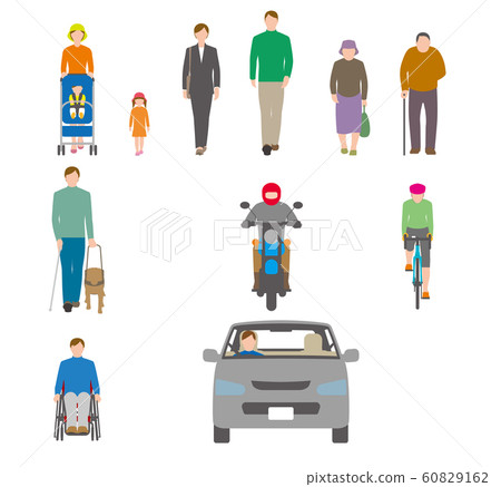 Illustration of people, bicycles and cars viewed from the front Illustration of people, bicycles and cars viewed from the front 60829162