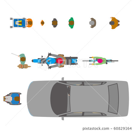 Illustration of people, bicycles and cars viewed from above 60829164