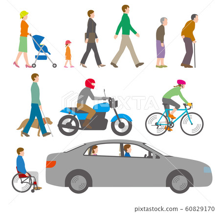  Illustration of people, bicycles and cars viewed from the side 60829170
