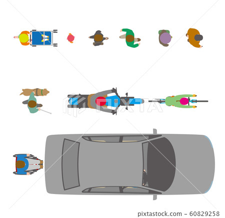 Illustration of people, bicycles and cars viewed from above 60829258
