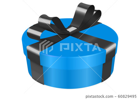 Blue gift box decorated with black ribbon. Round box Blue gift box decorated with black ribbon. Round box 60829495
