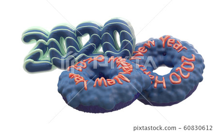 Happy New Year 2020 in the form of blue donuts poured on top of a pink caramel. New Year sign. 3d rendering isolated on white background Selective focus macro shot with shallow DOF 60830612