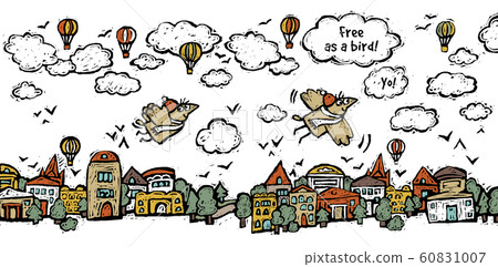 Freedom fly bird sky clouds houses isolate objects on white 60831007