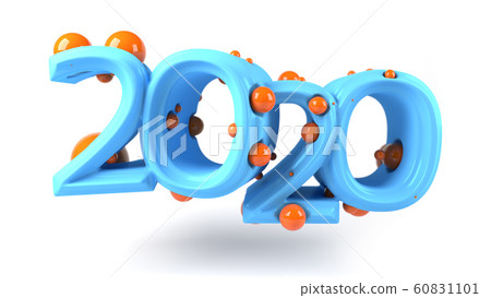 Figure 2020 made of bright blue plastic with orange balls inside. solated on white background. Christmas and New Year mood design. 3d illustration 60831101