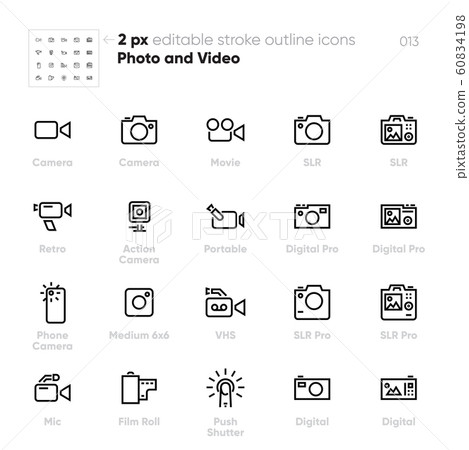 Camera outline vector icons. SLR, Portable, Digital Pro, Phone Camera, VHS, Film Roll, Push Shutter. 60834198