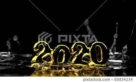 Happy New Year 2020 lettering made by gold and water splash around it. Isolated on black background. 3d illustration. Selective focus macro shot with shallow DOF Happy New Year 2020 lettering made by gold and water splash around it. Isolated on black background. 3d illustration. Selective focus macro shot with shallow DOF 60834234