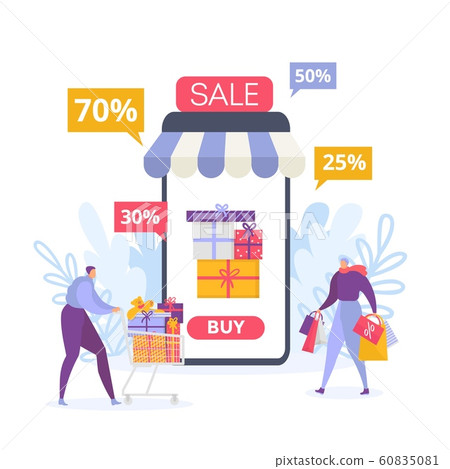 Online mobile shopping and sale, buyers people vector illustration isolated. 60835081