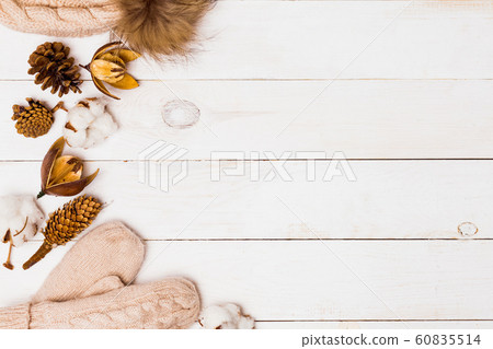 Winter flat lay of warm knitted hats and mittens, Winter flat lay of warm knitted hats and mittens, 60835514