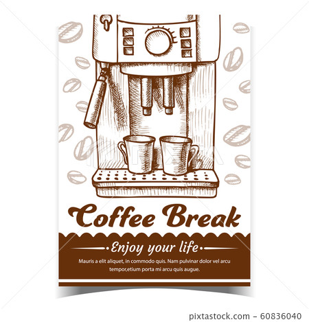 Espresso Machine With Two Cups Drawn Poster Vector - Stock Illustration 