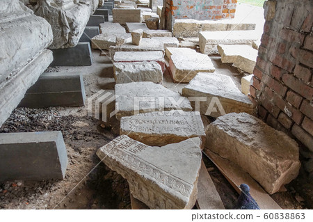Archaeological excavations. Old stone slabs with Archaeological excavations. Old stone slabs with 60838863