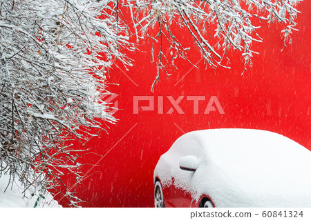 View of a snowy tree branch and a car on a background of a red wall during a snowfall. The concept of road safety, gift, christmas, insurance, winter. View of a snowy tree branch and a car on a background of a red wall during a snowfall. The concept of road safety, gift, christmas, insurance, winter. 60841324