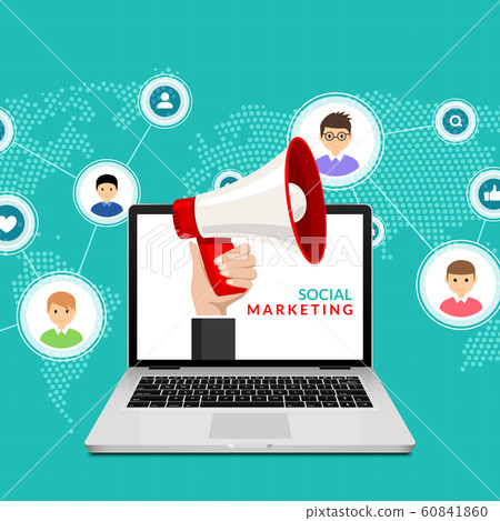 Megaphone from laptop, digital marketing vector flat concept design. Business advertising promotion Megaphone from laptop, digital marketing vector flat concept design. Business advertising promotion 60841860