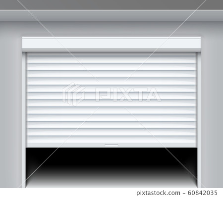 Rolling shutter door. Roller garage metal gate. Electric roll white window background shutter Rolling shutter door. Roller garage metal gate. Electric roll white window background shutter 60842035