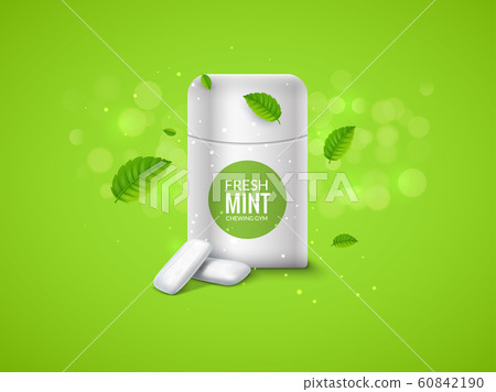 Vector chewing gum package box and green mint for fresh breath. Dental health chewing gum background Vector chewing gum package box and green mint for fresh breath. Dental health chewing gum background 60842190