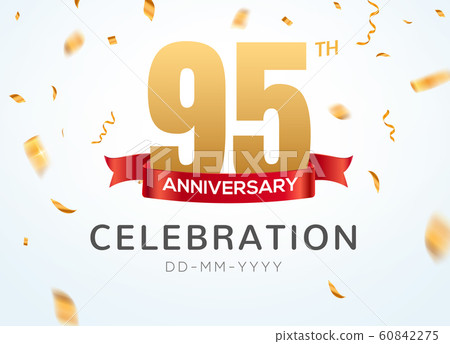 95 Anniversary gold numbers with golden confetti. Celebration 95th anniversary event party template 60842275