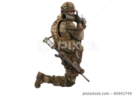 Soldier shoots from an RPG rocket launcher 60842749