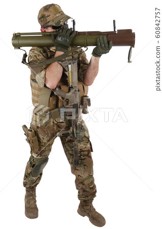 Soldier shoots from an RPG rocket launcher Soldier shoots from an RPG rocket launcher 60842757