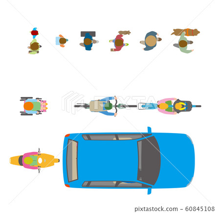 Illustration of people, bicycles and cars viewed from above 60845108