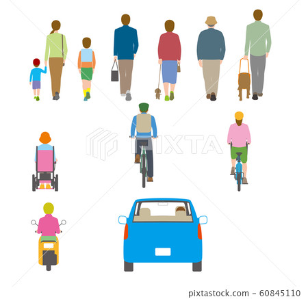 Illustration of people, bicycle and car viewed from behind Illustration of people, bicycle and car viewed from behind 60845110