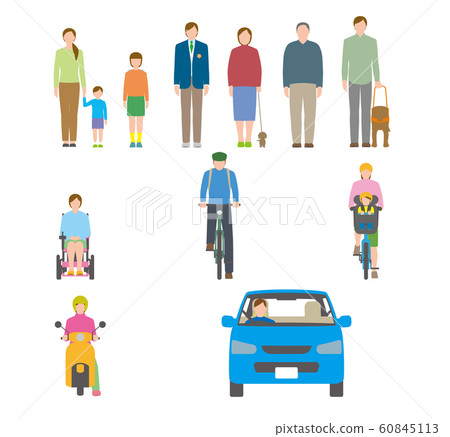 Illustration of people, bicycles and cars viewed from the front 60845113