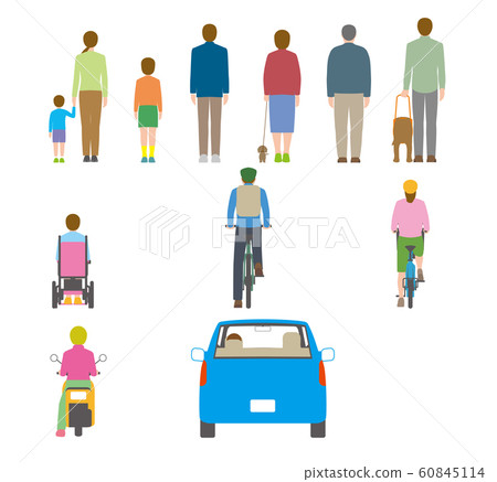  從後面看的人，自行車和汽車的插圖 60845114