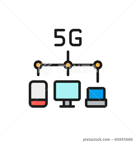 Vector wireless 5G internet distribution flat color line icon. Vector wireless 5G internet distribution flat color line icon. 60845666