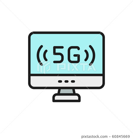 Personal computer with 5G internet flat color line icon. 60845669