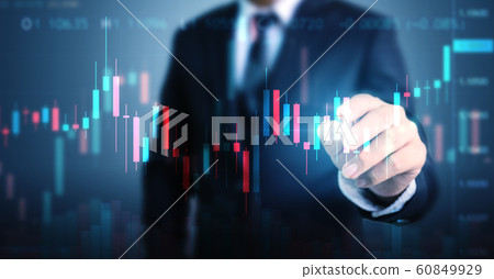 Double exposure businessman pointing line dot graph 60849929