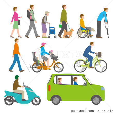  Illustration of people, bicycles and cars viewed from the side 60850812