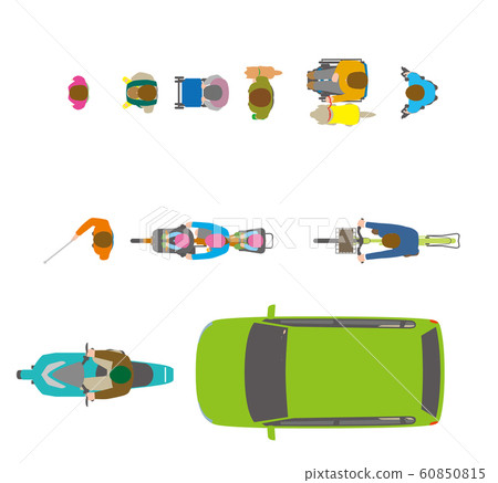 Illustration of people, bicycles and cars viewed from above Illustration of people, bicycles and cars viewed from above 60850815