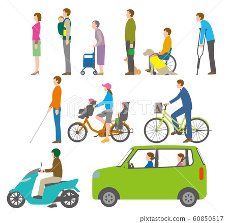 從側面看的人,自行車和汽車的插圖 從側面看的人,自行車和汽車的插圖 60850817
