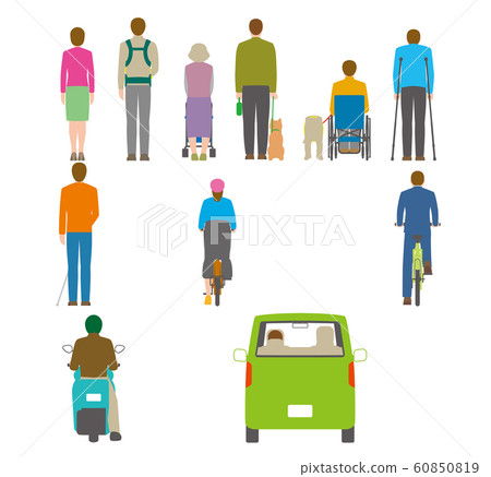 從後面看的人，自行車和汽車的插圖 60850819