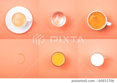 Different drinks from above on a bright colored 60851706