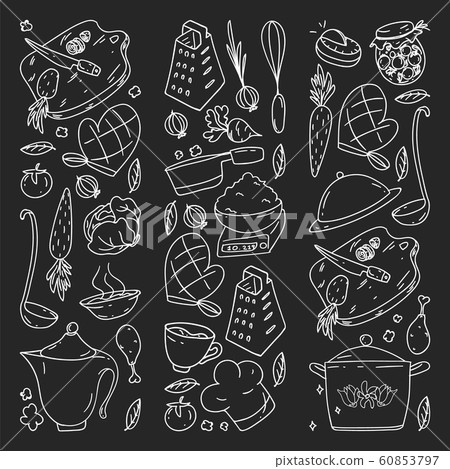 Pattern on blackboard drawn in chalk, with gastronomy icons, vector cuisine and fast food cafe bright background for menu, receipts. 60853797