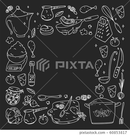 Pattern on blackboard drawn in chalk, with gastronomy icons, vector cuisine and fast food cafe bright background for menu, receipts. Pattern on blackboard drawn in chalk, with gastronomy icons, vector cuisine and fast food cafe bright background for menu, receipts. 60853817