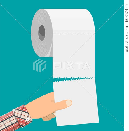 White roll of toilet paper and hand. 60857466