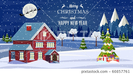 Santa Claus flies over the house in the snow. Santa Claus flies over the house in the snow. 60857761
